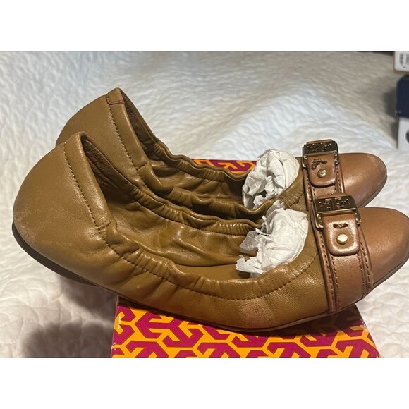 TORY BURCH Ambrose Ballet Flats Leather Camel Brown Gold Buckle Women's Size 7 B - Picture 1 of 12